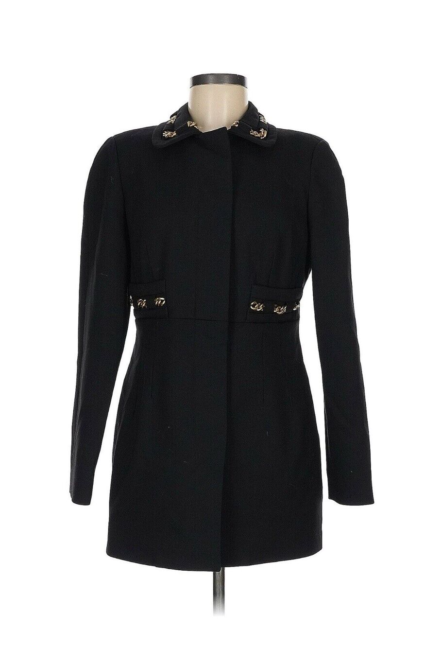 Per Se Coat Black Wool Blend Gold Metal Chain Trim 6